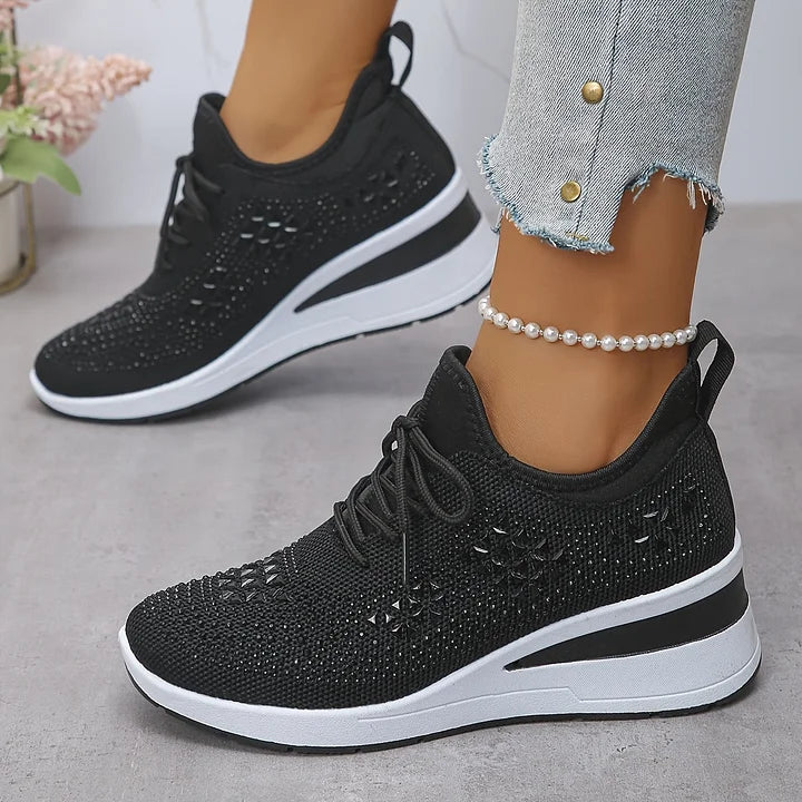 Rhinestone Sneakers White Mesh Lace-Up Wedge Women's Trainers – Casual, Comfort, Office, Gift