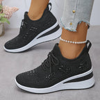 Rhinestone Sneakers White Mesh Lace-Up Wedge Women's Trainers – Casual, Comfort, Office, Gift