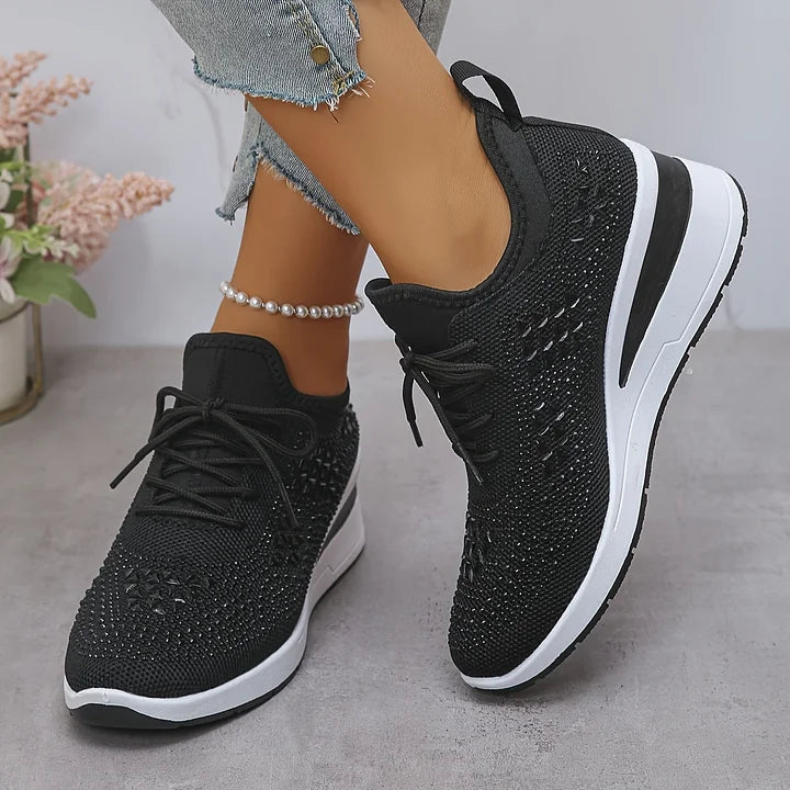 Rhinestone Sneakers White Mesh Lace-Up Wedge Women's Trainers – Casual, Comfort, Office, Gift