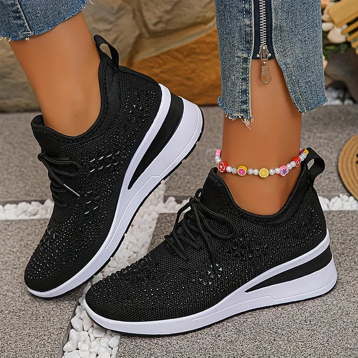 Rhinestone Sneakers White Mesh Lace-Up Wedge Women's Trainers – Casual, Comfort, Office, Gift