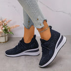 Rhinestone Sneakers White Mesh Lace-Up Wedge Women's Trainers – Casual, Comfort, Office, Gift