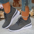 Rhinestone Sneakers White Mesh Lace-Up Wedge Women's Trainers – Casual, Comfort, Office, Gift