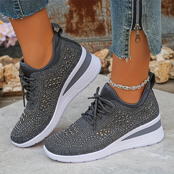 Rhinestone Sneakers White Mesh Lace-Up Wedge Women's Trainers – Casual, Comfort, Office, Gift