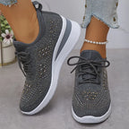 Rhinestone Sneakers White Mesh Lace-Up Wedge Women's Trainers – Casual, Comfort, Office, Gift