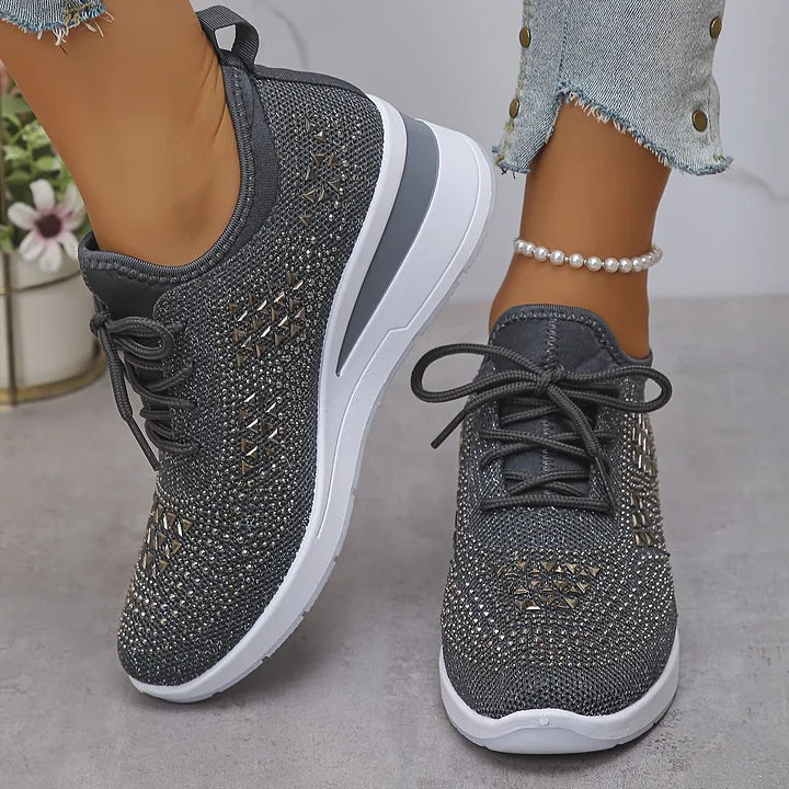 Rhinestone Sneakers White Mesh Lace-Up Wedge Women's Trainers – Casual, Comfort, Office, Gift