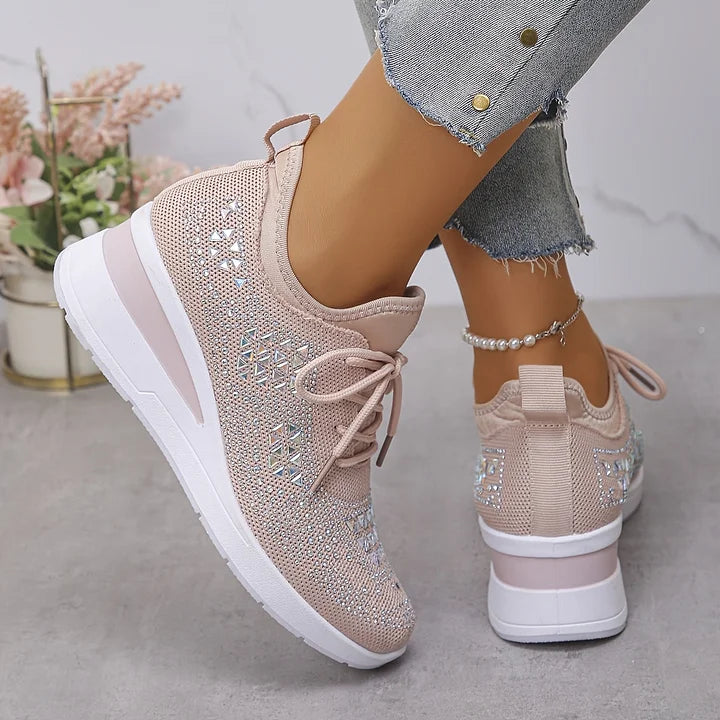 Rhinestone Sneakers White Mesh Lace-Up Wedge Women's Trainers – Casual, Comfort, Office, Gift