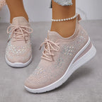Rhinestone Sneakers White Mesh Lace-Up Wedge Women's Trainers – Casual, Comfort, Office, Gift