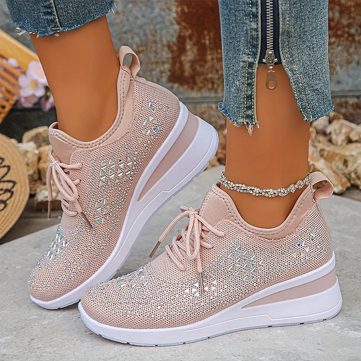 Rhinestone Sneakers White Mesh Lace-Up Wedge Women's Trainers – Casual, Comfort, Office, Gift
