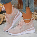 Rhinestone Sneakers White Mesh Lace-Up Wedge Women's Trainers – Casual, Comfort, Office, Gift