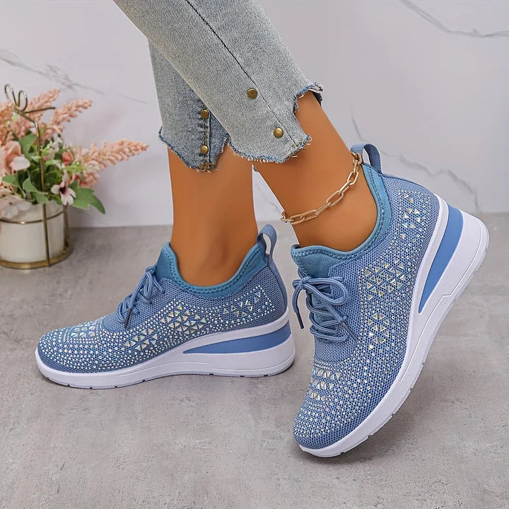 Rhinestone Sneakers White Mesh Lace-Up Wedge Women's Trainers – Casual, Comfort, Office, Gift