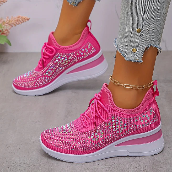 Rhinestone Sneakers White Mesh Lace-Up Wedge Women's Trainers – Casual, Comfort, Office, Gift