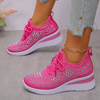 Rhinestone Sneakers White Mesh Lace-Up Wedge Women's Trainers – Casual, Comfort, Office, Gift