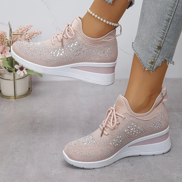 Rhinestone Sneakers White Mesh Lace-Up Wedge Women's Trainers – Casual, Comfort, Office, Gift