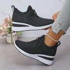 Rhinestone Sneakers White Mesh Lace-Up Wedge Women's Trainers – Casual, Comfort, Office, Gift