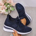 Rhinestone Sneakers White Mesh Lace-Up Wedge Women's Trainers – Casual, Comfort, Office, Gift