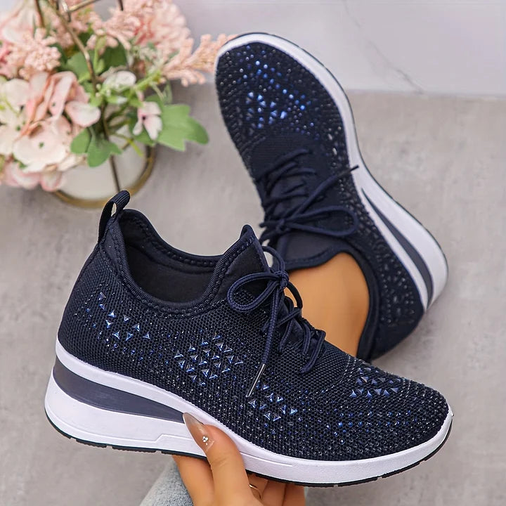 Rhinestone Sneakers White Mesh Lace-Up Wedge Women's Trainers – Casual, Comfort, Office, Gift