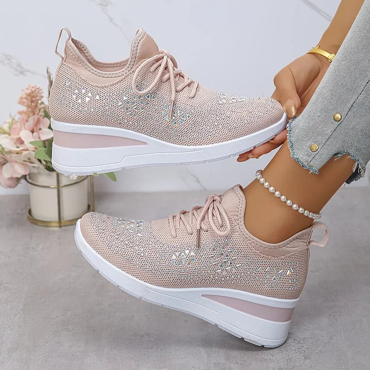 Rhinestone Sneakers White Mesh Lace-Up Wedge Women's Trainers – Casual, Comfort, Office, Gift
