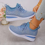 Rhinestone Sneakers White Mesh Lace-Up Wedge Women's Trainers – Casual, Comfort, Office, Gift