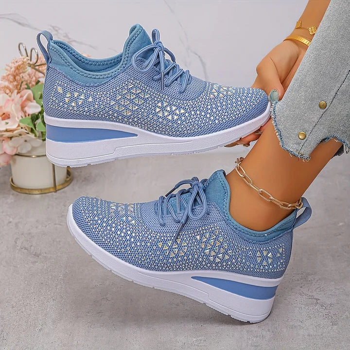 Rhinestone Sneakers White Mesh Lace-Up Wedge Women's Trainers – Casual, Comfort, Office, Gift