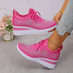 Rhinestone Sneakers White Mesh Lace-Up Wedge Women's Trainers – Casual, Comfort, Office, Gift