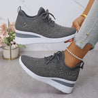 Rhinestone Sneakers White Mesh Lace-Up Wedge Women's Trainers – Casual, Comfort, Office, Gift
