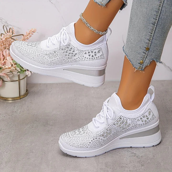 Rhinestone Sneakers White Mesh Lace-Up Wedge Women's Trainers – Casual, Comfort, Office, Gift