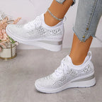 Rhinestone Sneakers White Mesh Lace-Up Wedge Women's Trainers – Casual, Comfort, Office, Gift