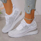 Rhinestone Sneakers White Mesh Lace-Up Wedge Women's Trainers – Casual, Comfort, Office, Gift