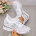 Rhinestone Sneakers White Mesh Lace-Up Wedge Women's Trainers – Casual, Comfort, Office, Gift