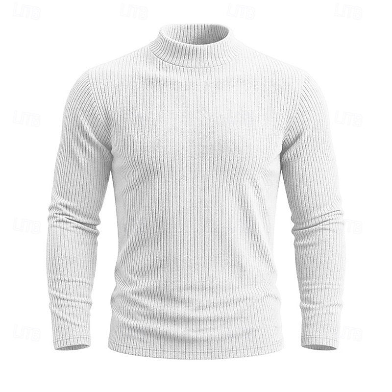 Ribbed Mock-Neck Jumper Men's Long Sleeve Slim Fit Knit Top Green – Casual, Office, Everyday Wear