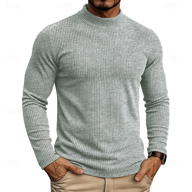 Ribbed Mock-Neck Jumper Men's Long Sleeve Slim Fit Knit Top Green – Casual, Office, Everyday Wear