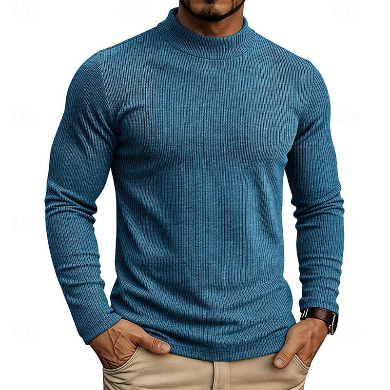 Ribbed Mock-Neck Jumper Men's Long Sleeve Slim Fit Knit Top Green – Casual, Office, Everyday Wear