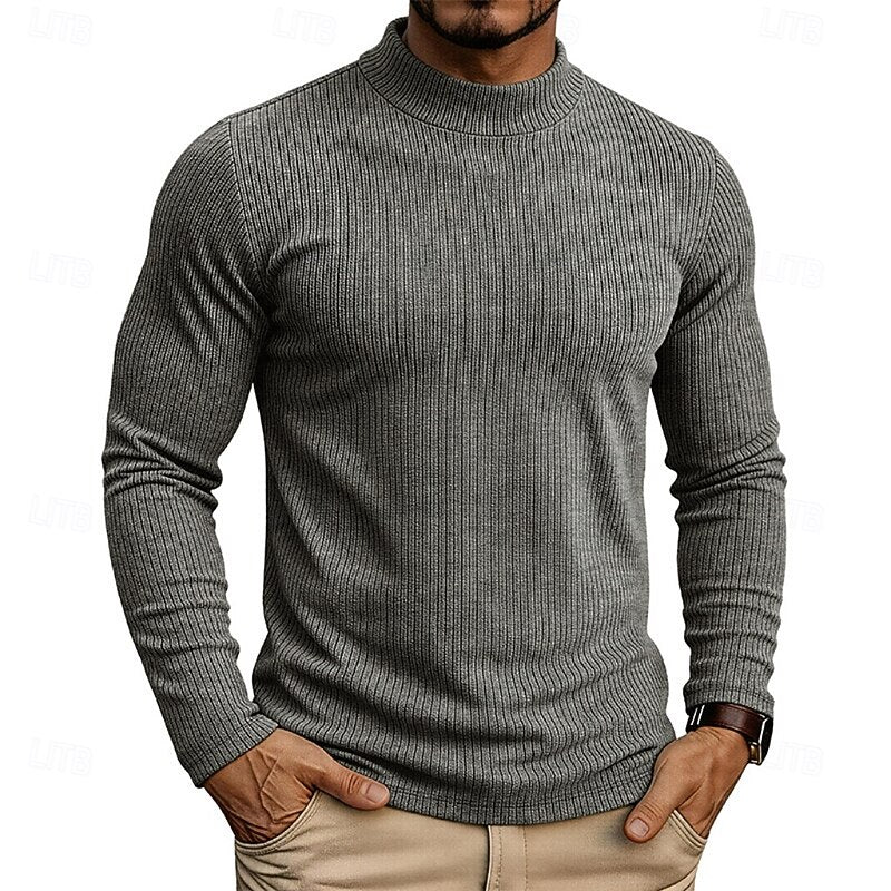 Ribbed Mock-Neck Jumper Men's Long Sleeve Slim Fit Knit Top Green – Casual, Office, Everyday Wear
