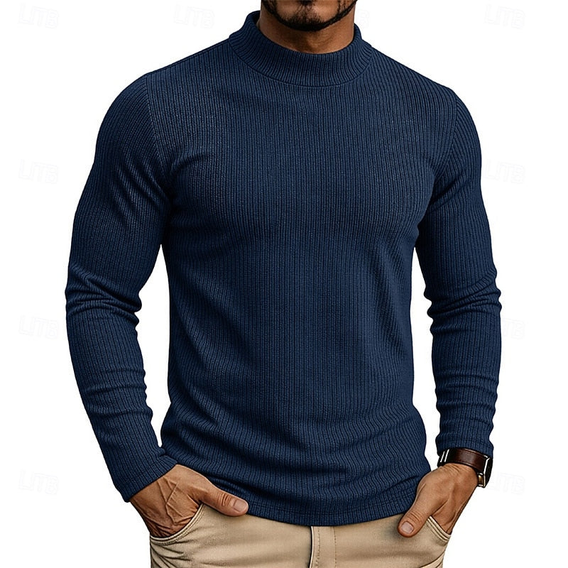 Ribbed Mock-Neck Jumper Men's Long Sleeve Slim Fit Knit Top Green – Casual, Office, Everyday Wear