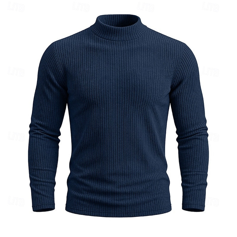 Ribbed Mock-Neck Jumper Men's Long Sleeve Slim Fit Knit Top Green – Casual, Office, Everyday Wear