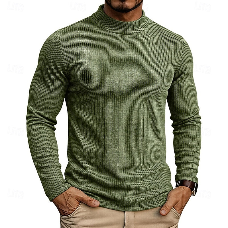 Ribbed Mock-Neck Jumper Men's Long Sleeve Slim Fit Knit Top Green – Casual, Office, Everyday Wear