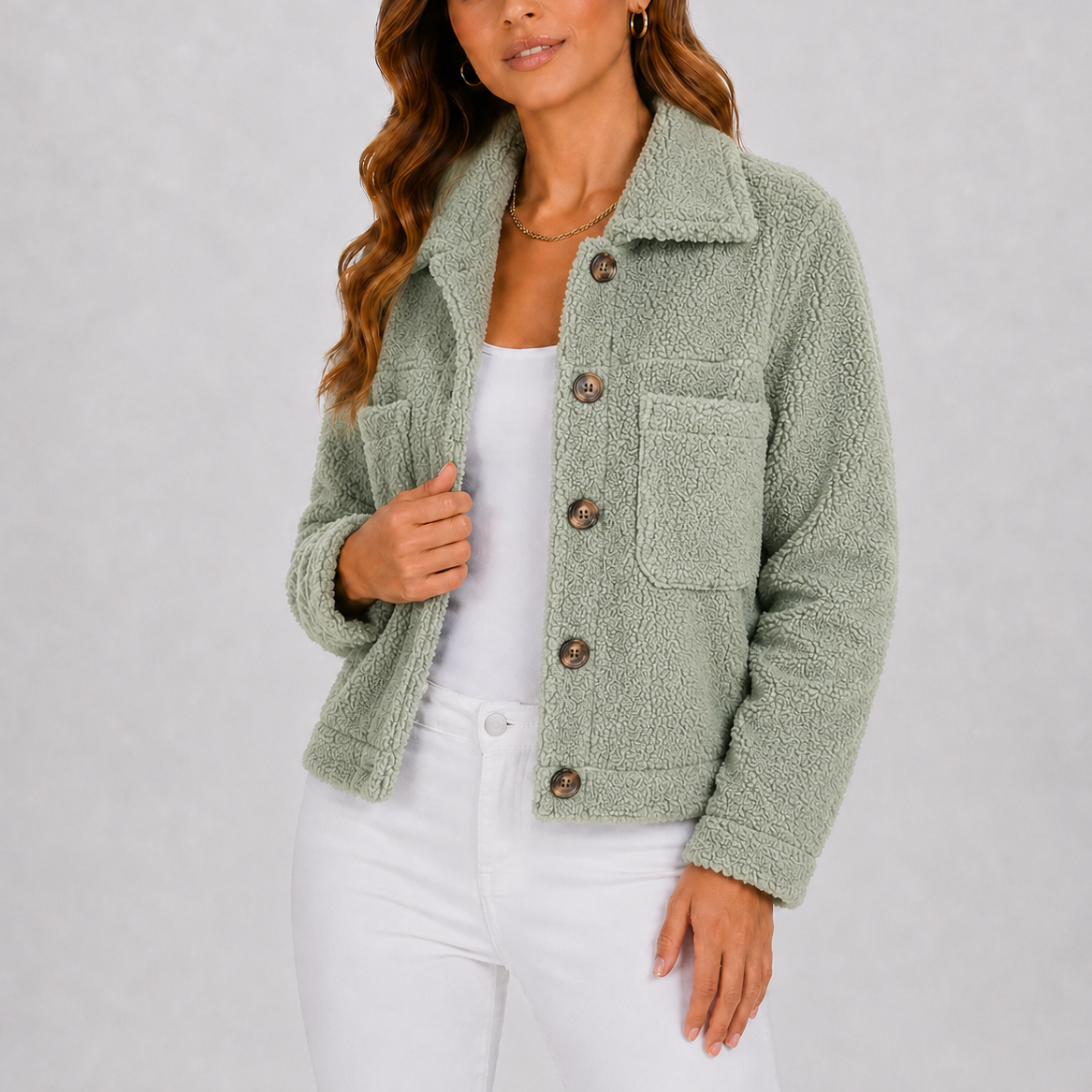 Sherpa Fleece Jacket Black Women's Button-Up Shacket with Pockets – Casual, Autumn Layering, Gift