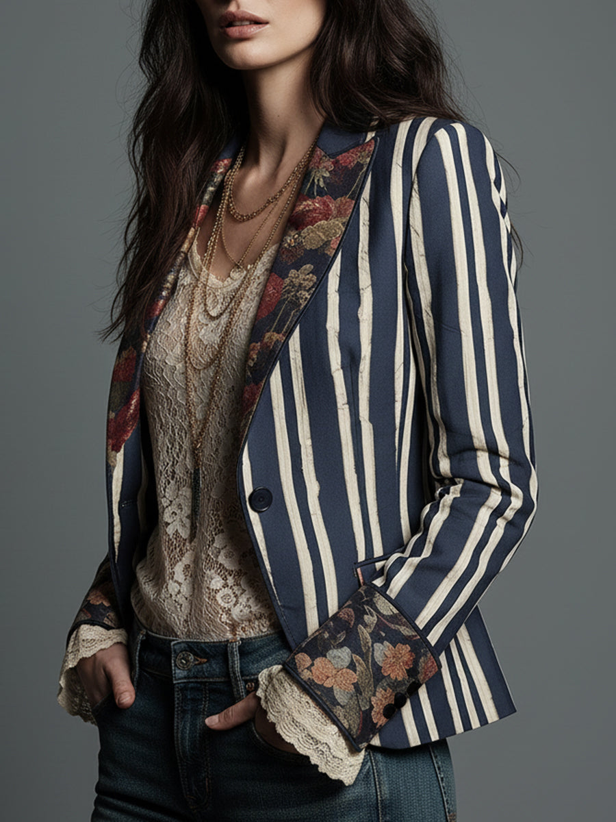 Striped Blazer Floral Trim Women's Navy – Casual, Office, Holiday, Gift · Werune