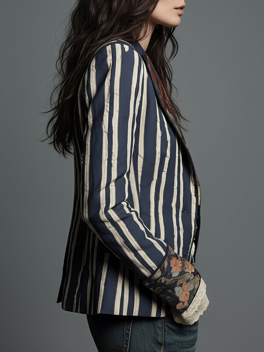Striped Blazer Floral Trim Women's Navy – Casual, Office, Holiday, Gift · Werune