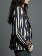 Striped Blazer Floral Trim Women's Navy – Casual, Office, Holiday, Gift · Werune