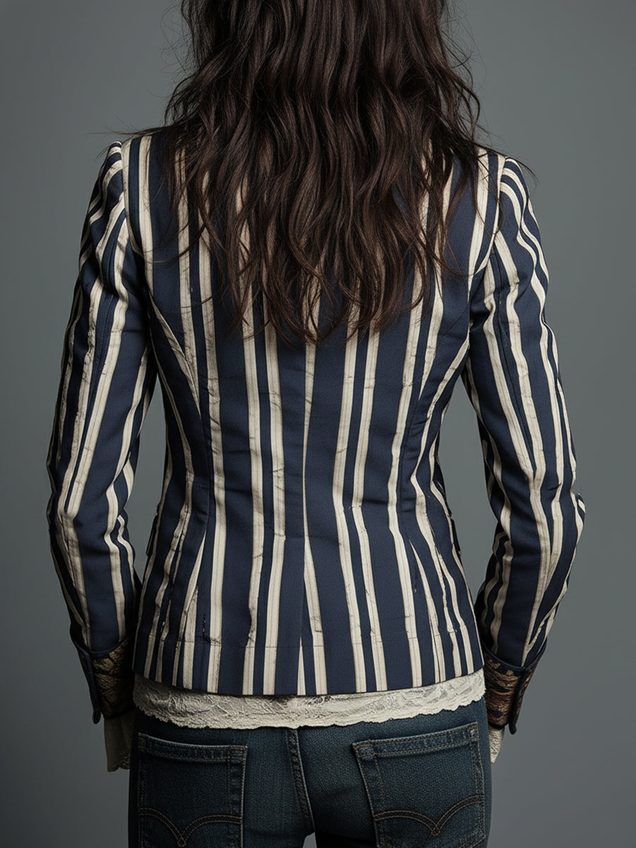 Striped Blazer Floral Trim Women's Navy – Casual, Office, Holiday, Gift · Werune