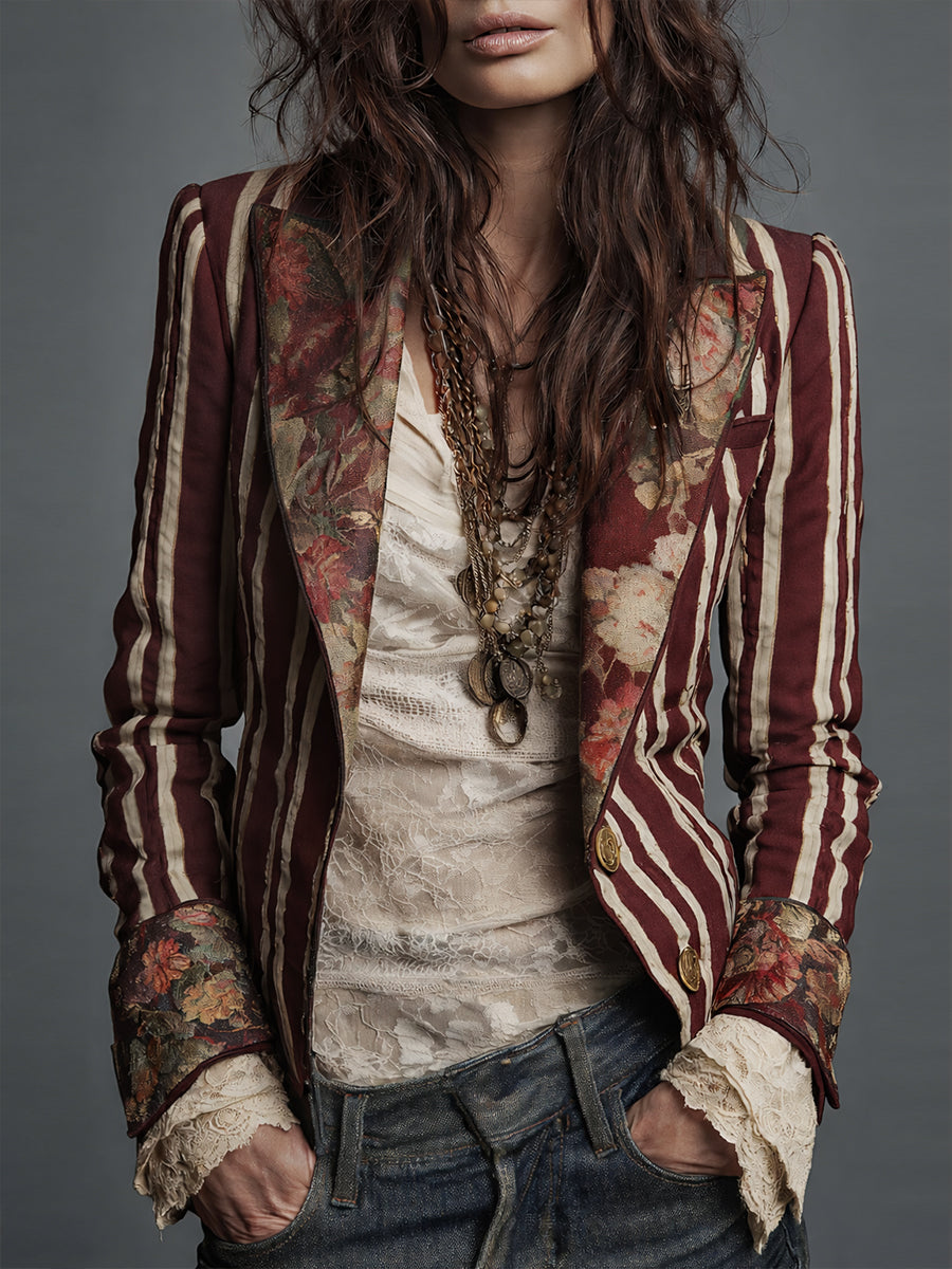 Striped Blazer Floral Trim Women's Navy – Casual, Office, Holiday, Gift · Werune