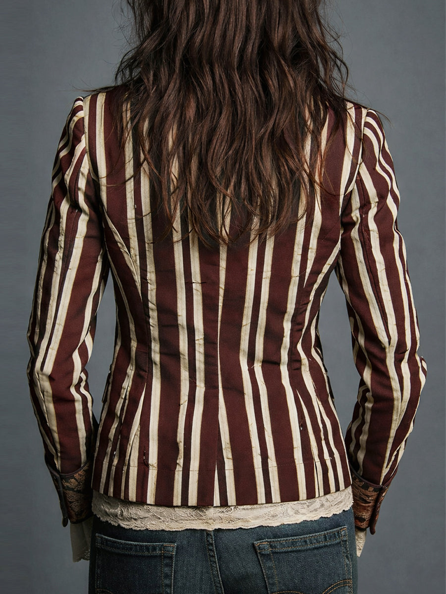 Striped Blazer Floral Trim Women's Navy – Casual, Office, Holiday, Gift · Werune