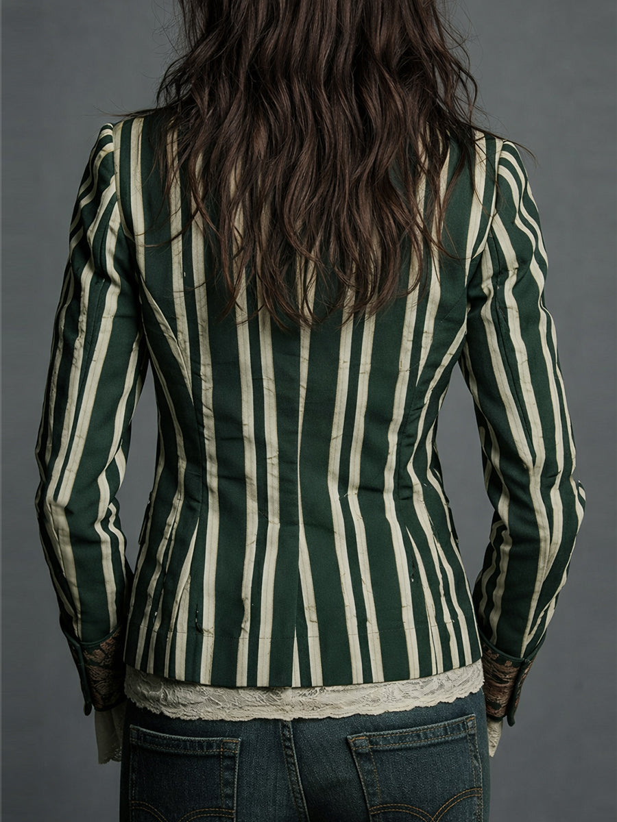 Striped Blazer Floral Trim Women's Navy – Casual, Office, Holiday, Gift · Werune