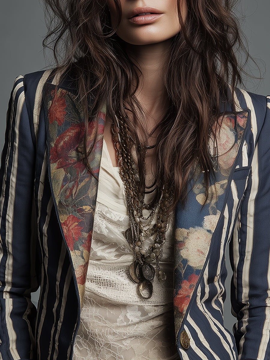 Striped Blazer Floral Trim Women's Navy – Casual, Office, Holiday, Gift · Werune