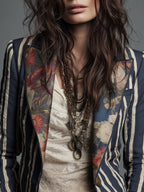 Striped Blazer Floral Trim Women's Navy – Casual, Office, Holiday, Gift · Werune