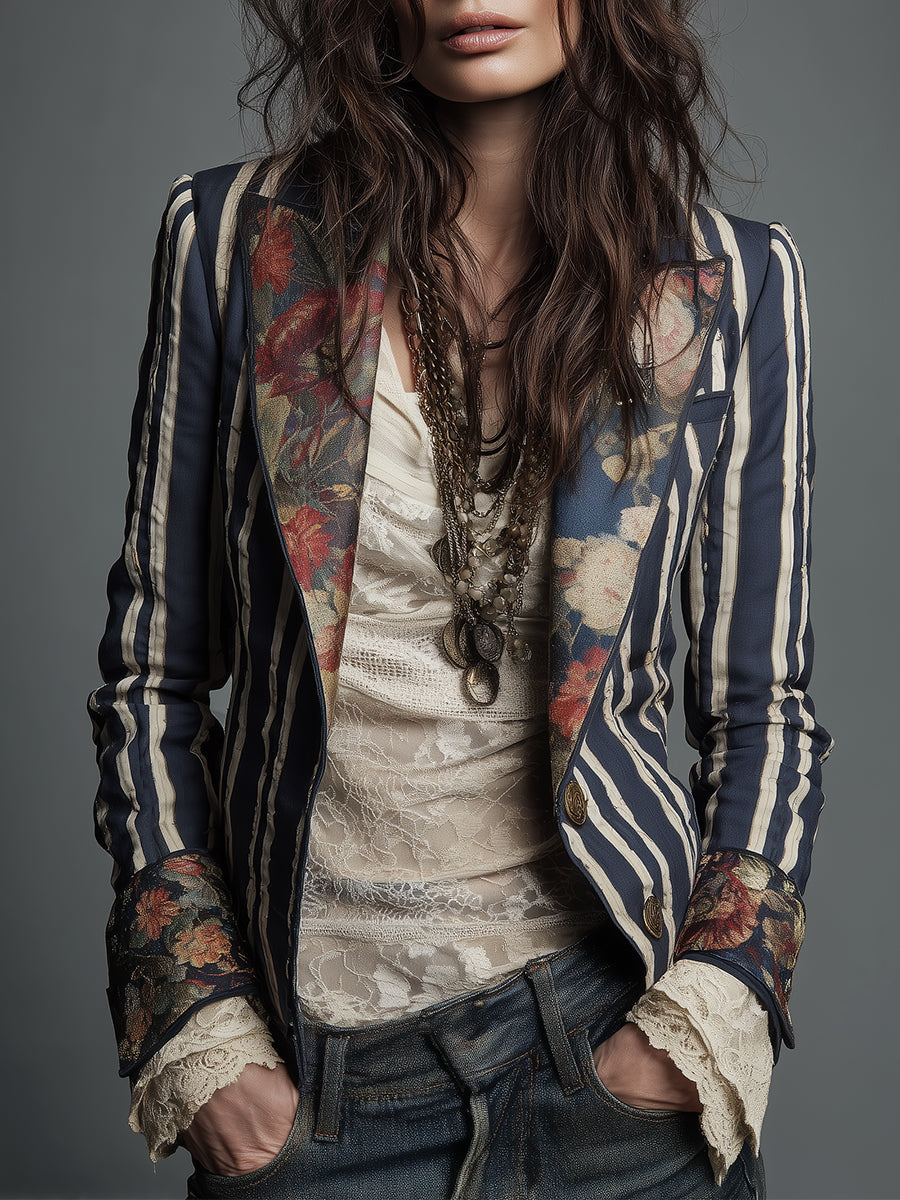 Striped Blazer Floral Trim Women's Navy – Casual, Office, Holiday, Gift · Werune