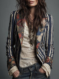 Striped Blazer Floral Trim Women's Navy – Casual, Office, Holiday, Gift · Werune