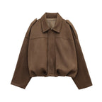 Suede Bomber Jacket Brown Oversized Women's Zip Front Drop Shoulder – Casual, Office