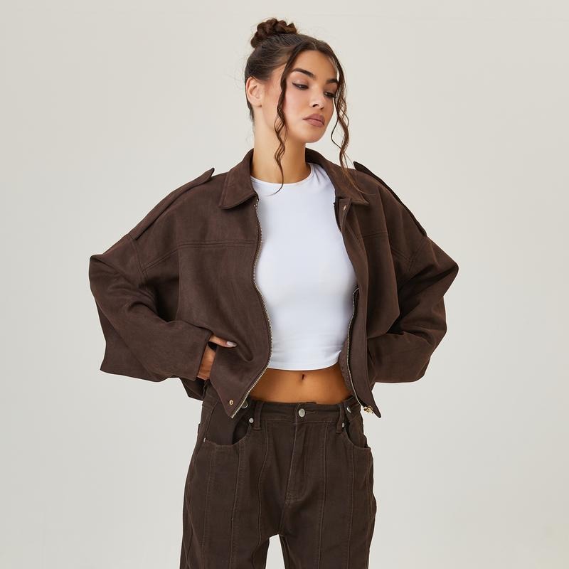 Suede Bomber Jacket Women's Brown Oversized Collared – Casual, Autumn Layering Everyday Outerwear